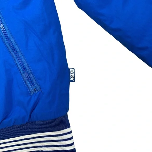 Vintage Stussy Blue & White Fleece Lined Zip Up Puffer Jacket Coat Size XL
